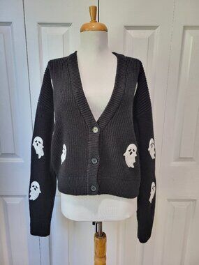 SWEET SOCIETY Hot Topic Ghost Cropped Black White Cardigan sz XL EUC Halloween
